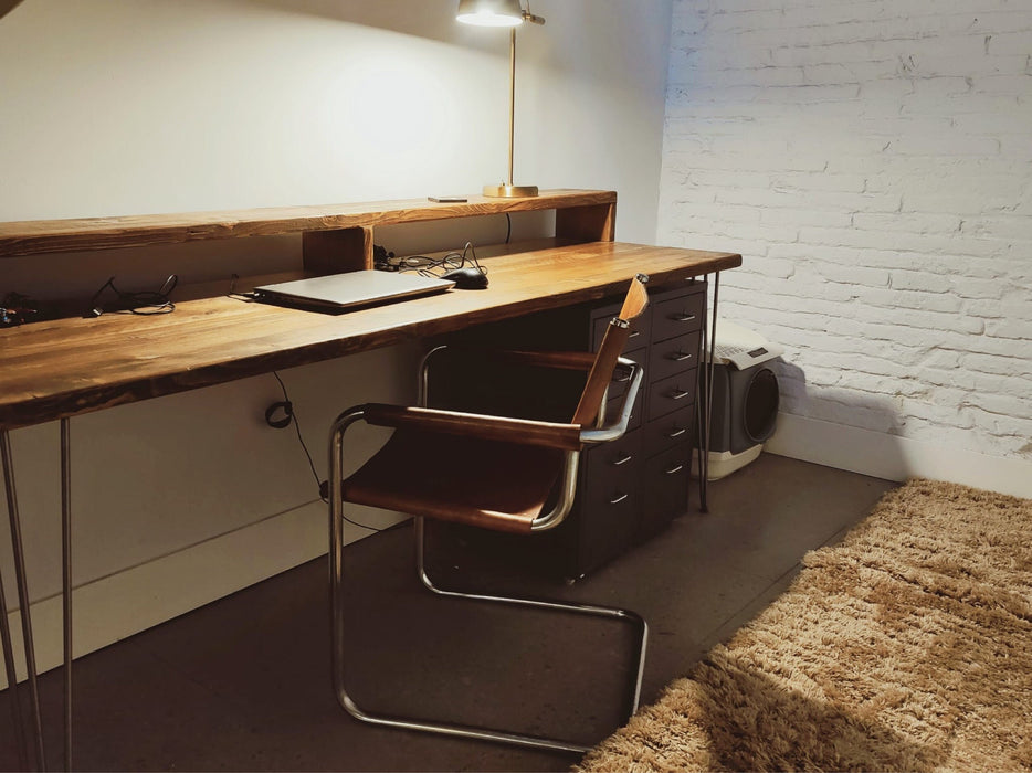 Desk with Monitor Stand, Reclaimed Wood on Industrial V-Frame Legs / INDUSTRIAL Collection