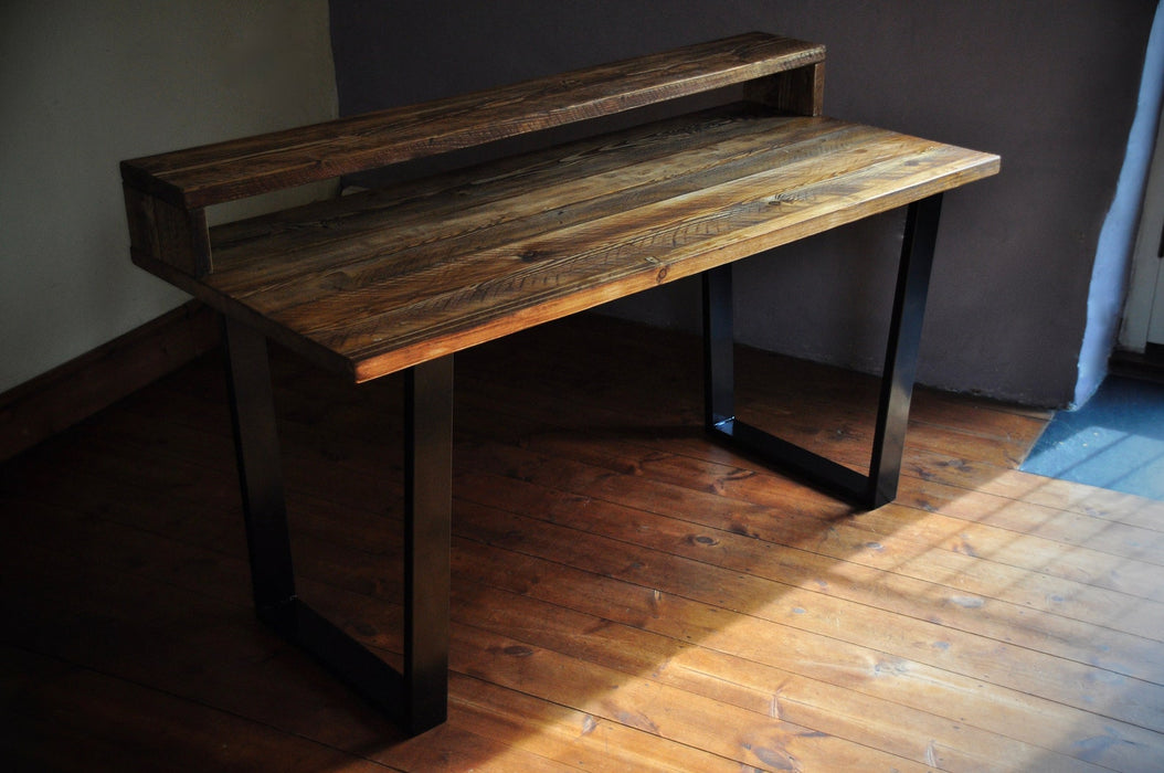 Desk with Monitor Stand, Reclaimed Wood on Industrial V-Frame Legs / INDUSTRIAL Collection