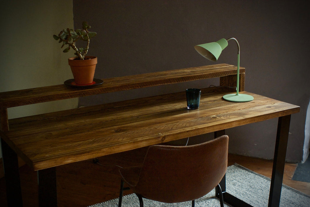 Desk with Monitor Stand, Reclaimed Wood on Industrial V-Frame Legs / INDUSTRIAL Collection