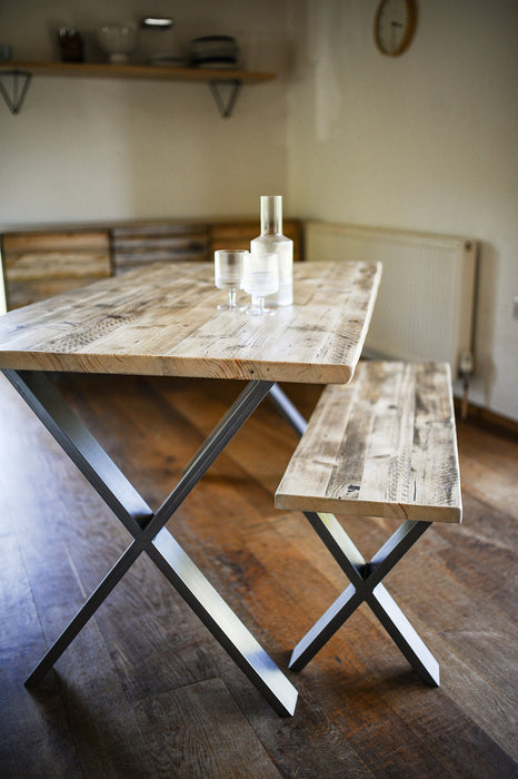 Table & Bench, Matching Dining Set on X-Frame steel legs, Choice of colours / INDUSTRIAL collection