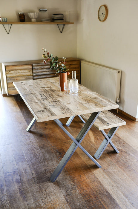 Table & Bench, Matching Dining Set on X-Frame steel legs, Choice of colours / INDUSTRIAL collection