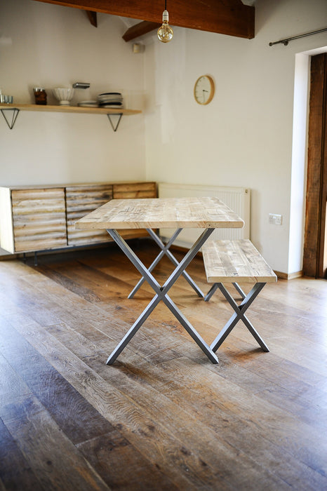 Table & Bench, Matching Dining Set on X-Frame steel legs, Choice of colours / INDUSTRIAL collection