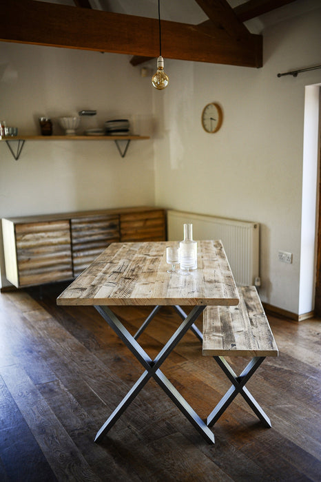 Table & Bench, Matching Dining Set on X-Frame steel legs, Choice of colours / INDUSTRIAL collection