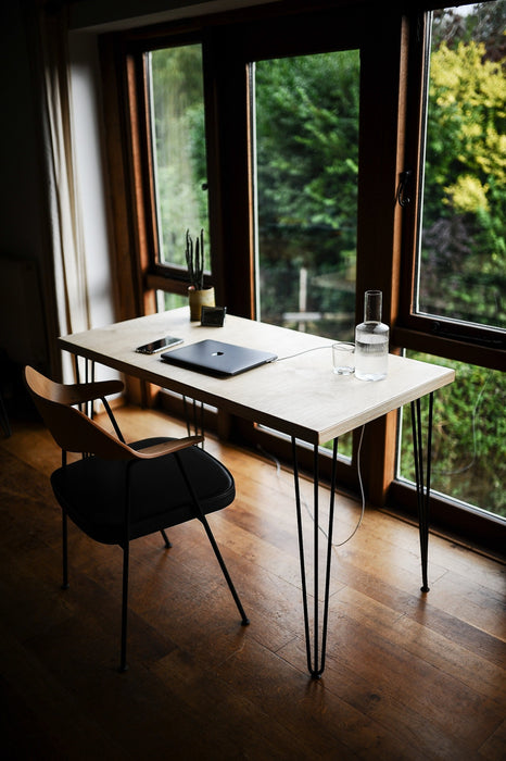 Office Desk, Birch Plywood Top on Hairpin legs / PLY & FORMICA Collection