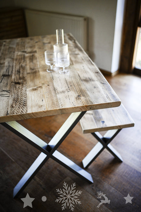 Table & Bench, Matching Dining Set on X-Frame steel legs, Choice of colours / INDUSTRIAL collection