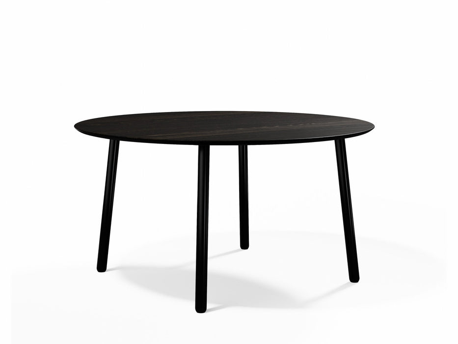 Round Dining Table in Black Oak on Black Steel Danish Legs, 4-6 seater / Earth Collection