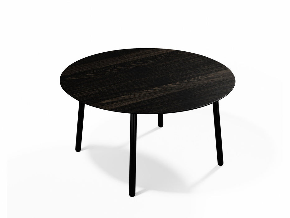 Round Dining Table in Black Oak on Black Steel Danish Legs, 4-6 seater / Earth Collection