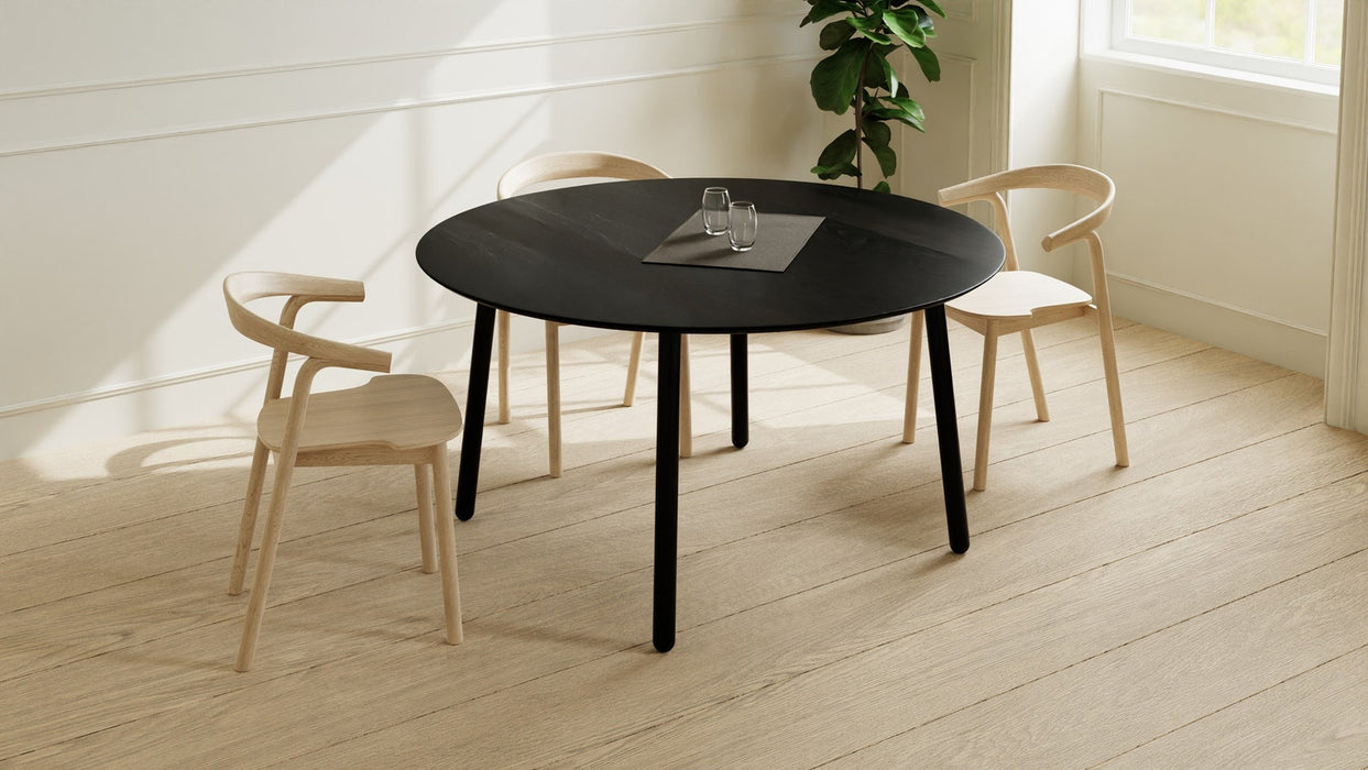 Round Dining Table in Black Oak on Black Steel Danish Legs, 4-6 seater / Earth Collection