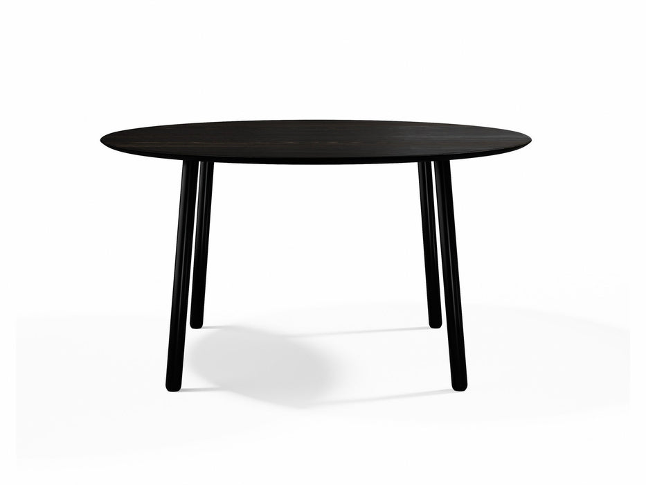 Round Dining Table in Black Oak on Black Steel Danish Legs, 4-6 seater / Earth Collection