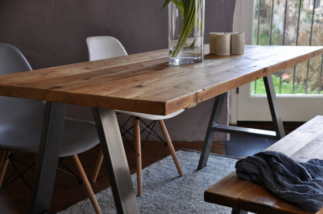 Table & Bench, Matching Dining Set on A-Frame Steel Legs, Choice of colours / INDUSTRIAL collection