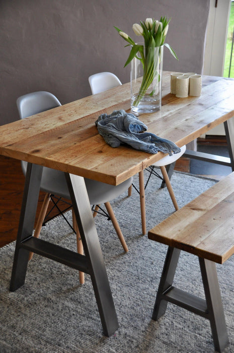 Table & Bench, Matching Dining Set on A-Frame Steel Legs, Choice of colours / INDUSTRIAL collection