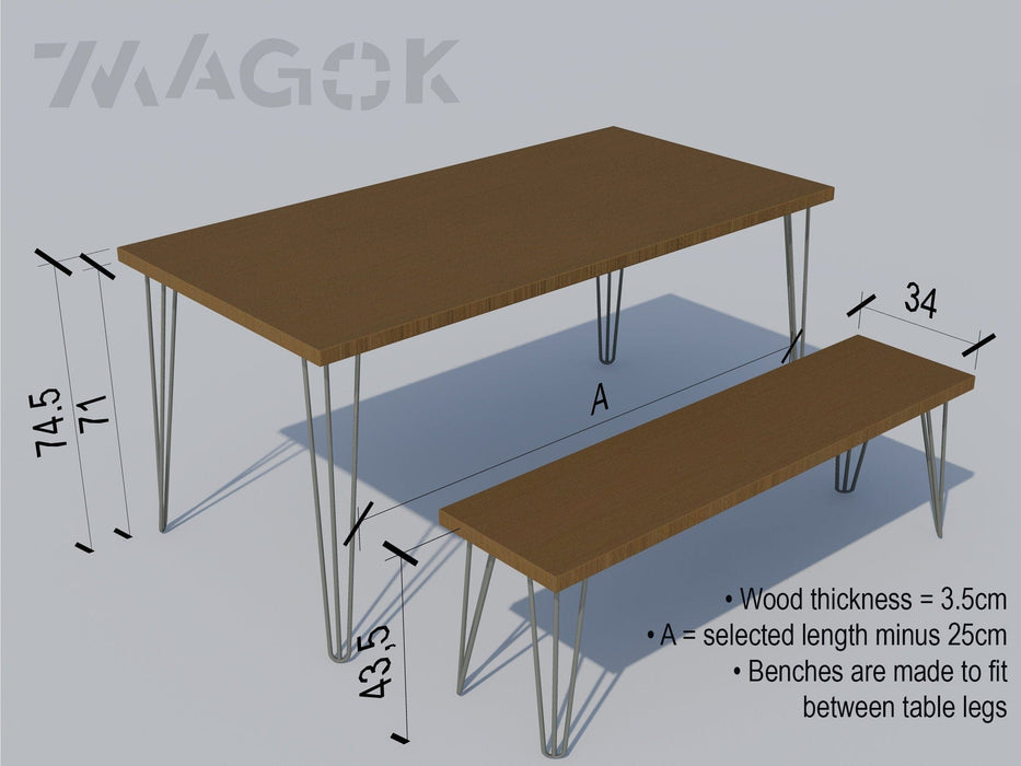 Dining Set Table & Bench, Reclaimed Wood on Hairpin Legs / RECLAIMED collection