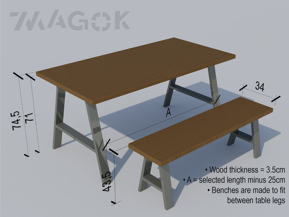 Table & Bench, Matching Dining Set on A-Frame Steel Legs, Choice of colours / INDUSTRIAL collection