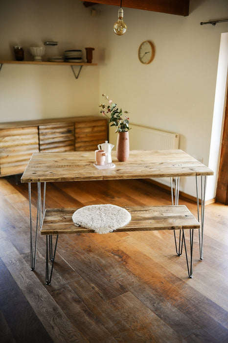 Dining Set Table & Bench, Reclaimed Wood on Hairpin Legs / RECLAIMED collection