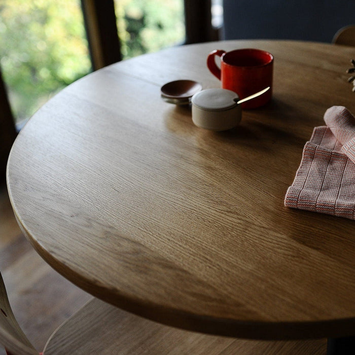 Extendable Round Oak Dining Table on BLACK Danish Steel Legs