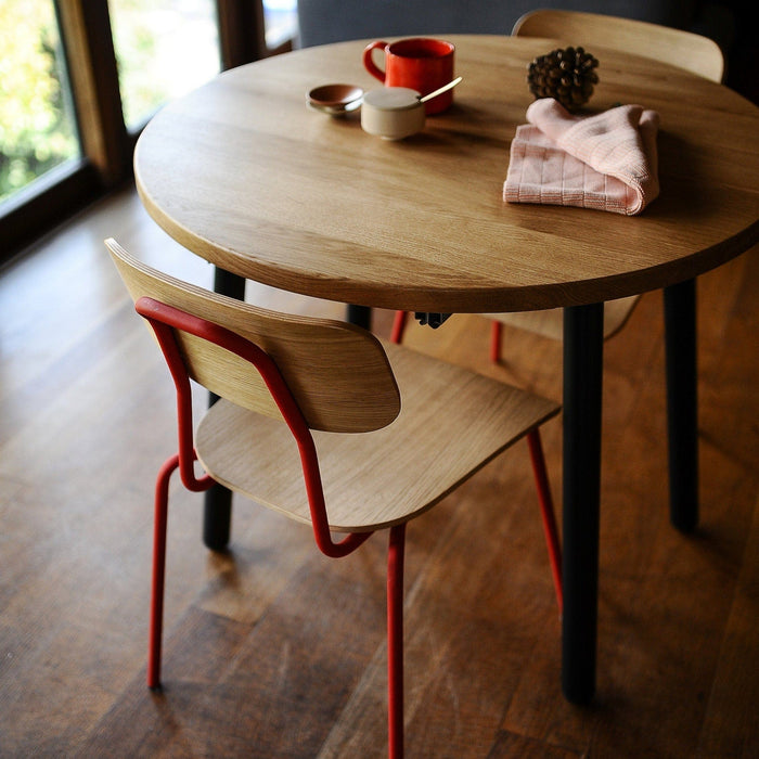 Extendable Round Oak Dining Table on BLACK Danish Steel Legs