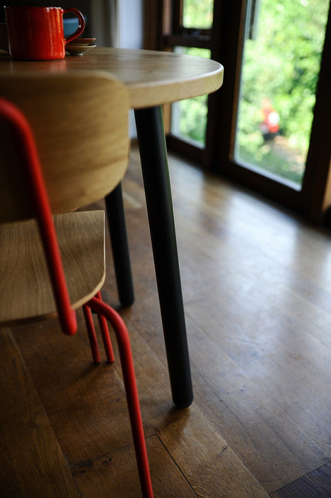 Extendable Round Oak Dining Table on BLACK Danish Steel Legs